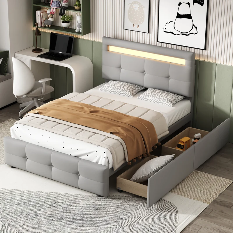 Lit simple capitonnée gris éclairage LED et 2 tiroirs de rangement 90x200 cm (matelas non inclus) REFORESTAT