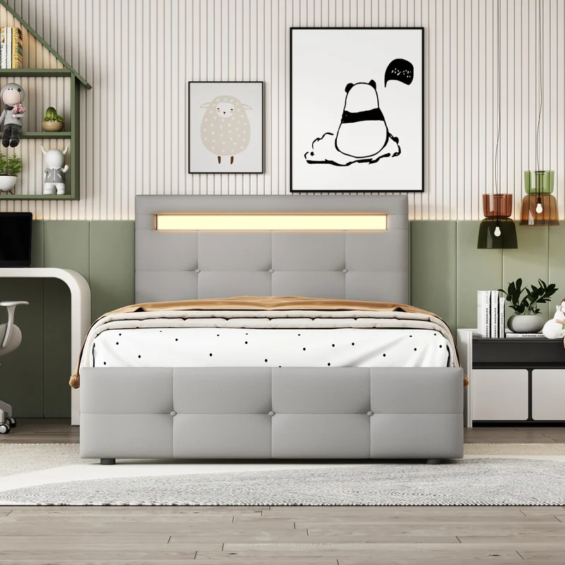 Lit simple capitonnée gris éclairage LED et 2 tiroirs de rangement 90x200 cm (matelas non inclus) REFORESTAT