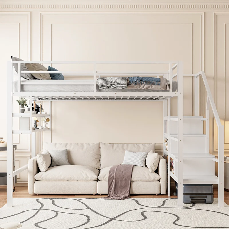 Lits double superposés métallique blanc échelle avec étagères rangement (140*200cm) VEIRNAH