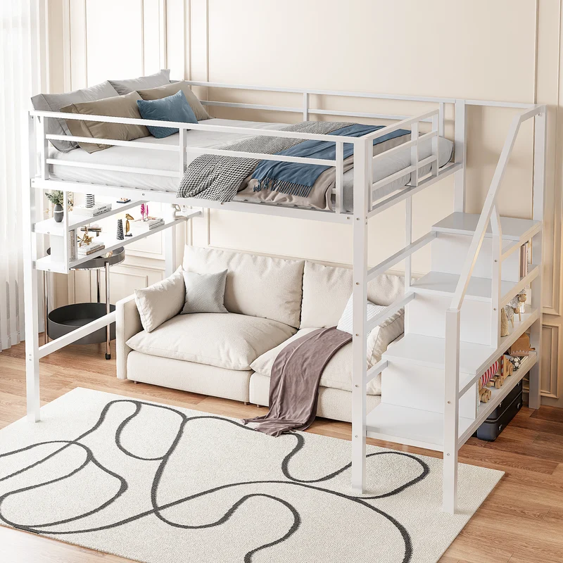 Lits double superposés métallique blanc échelle avec étagères rangement (140*200cm) VEIRNAH