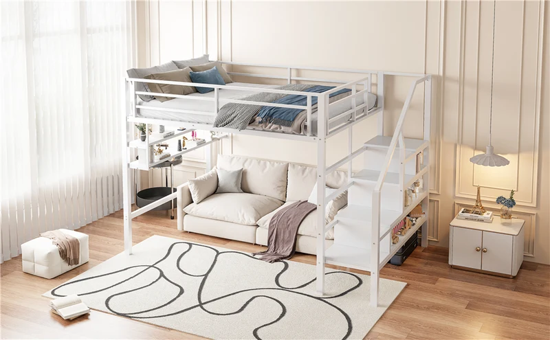 Lits double superposés métallique blanc échelle avec étagères rangement (140*200cm) VEIRNAH