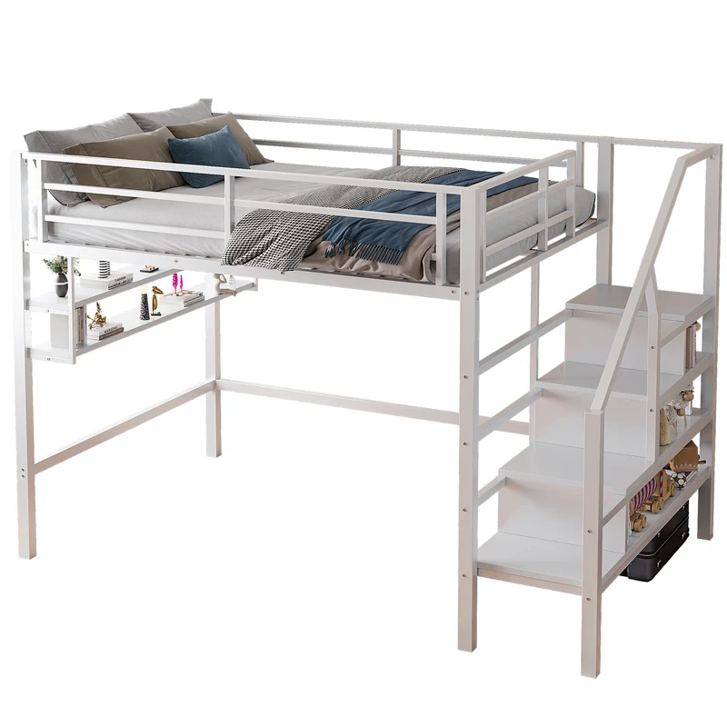 Lits double superposés métallique blanc échelle avec étagères rangement (140*200cm) VEIRNAH