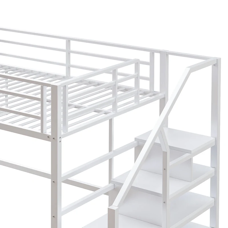 Lits double superposés métallique blanc échelle avec étagères rangement (140*200cm) VEIRNAH
