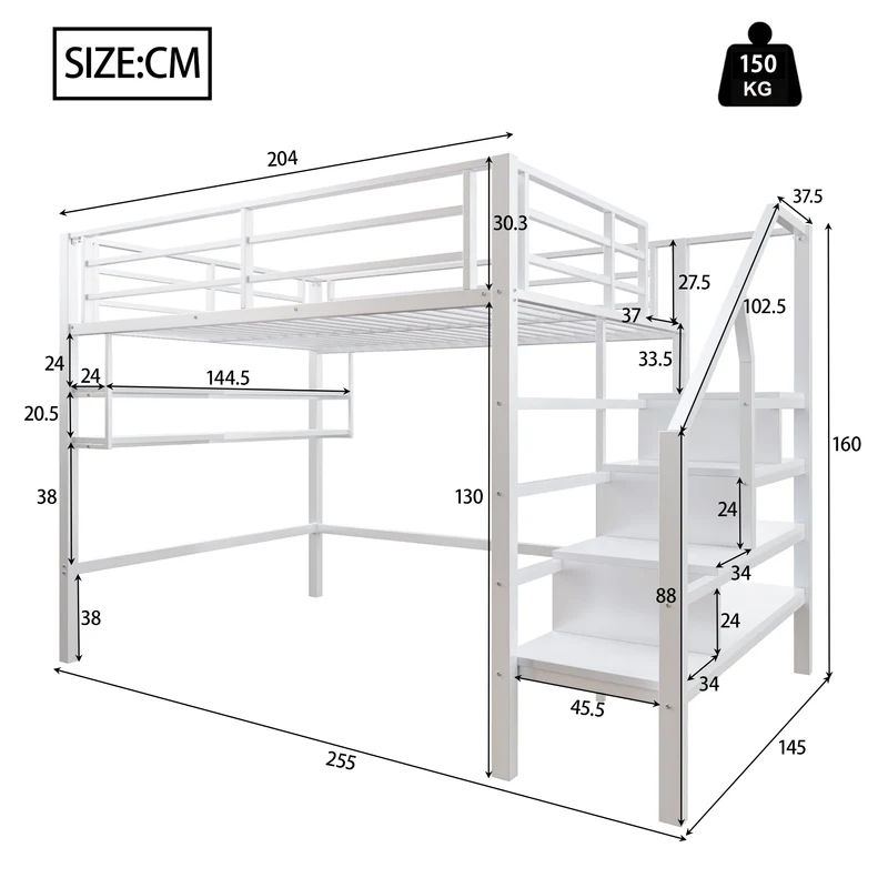 Lits double superposés métallique blanc échelle avec étagères rangement (140*200cm) VEIRNAH