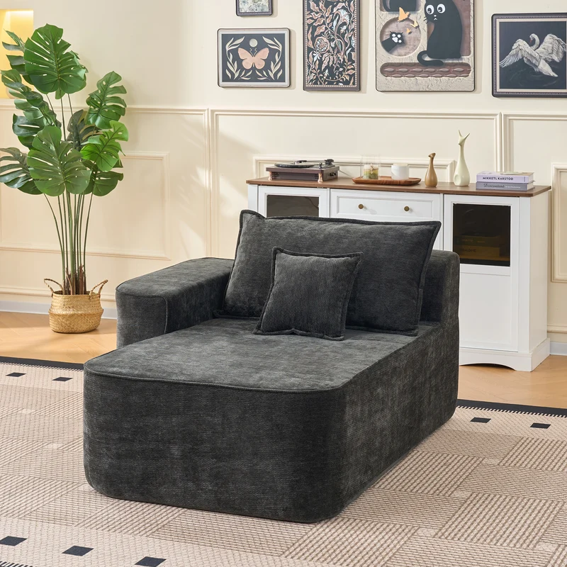 Meridienne canapé simple moelleux en chenille noire sans montage coussin inclus, poches latérales MITIGAT