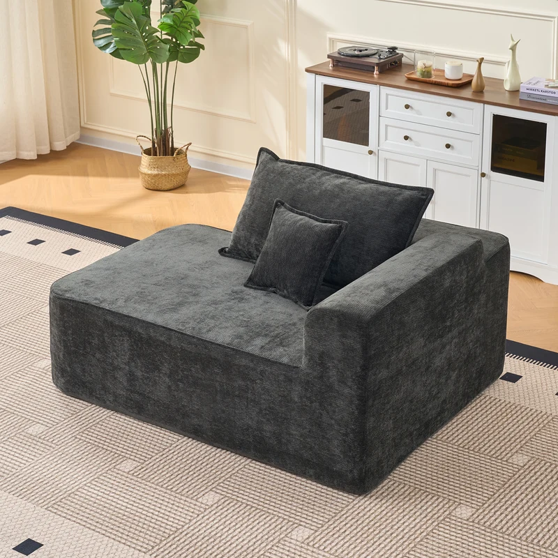 Meridienne canapé simple moelleux en chenille noire sans montage coussin inclus, poches latérales MITIGAT