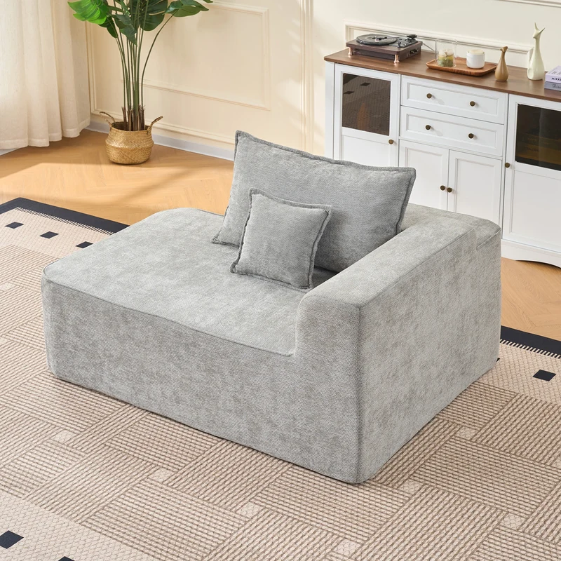 Meridienne canapé simple moelleux en chenille grise sans montage coussin inclus, poches latérales AQUAPON