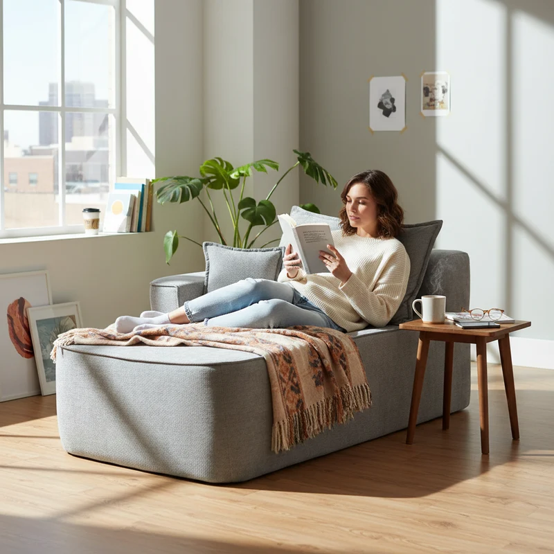 Meridienne canapé simple moelleux en chenille grise sans montage coussin inclus, poches latérales AQUAPON
