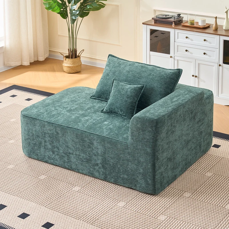 Meridienne canapé simple moelleux en chenille verte sans montage coussin inclus, poches latérales NANOWIR