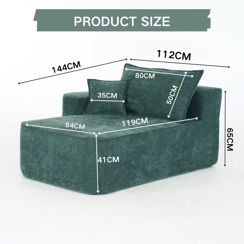 Meridienne canapé simple moelleux en chenille verte sans montage coussin inclus, poches latérales NANOWIR