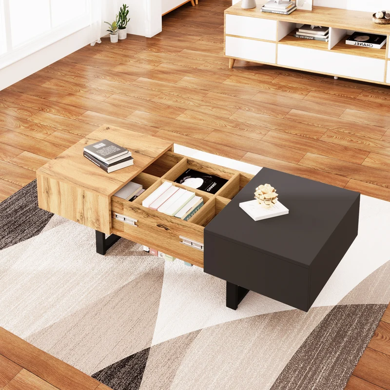 Table basse multifonction moderne coulissante avec rangement caché, effet bois et gris SOLSTICEWHIFF