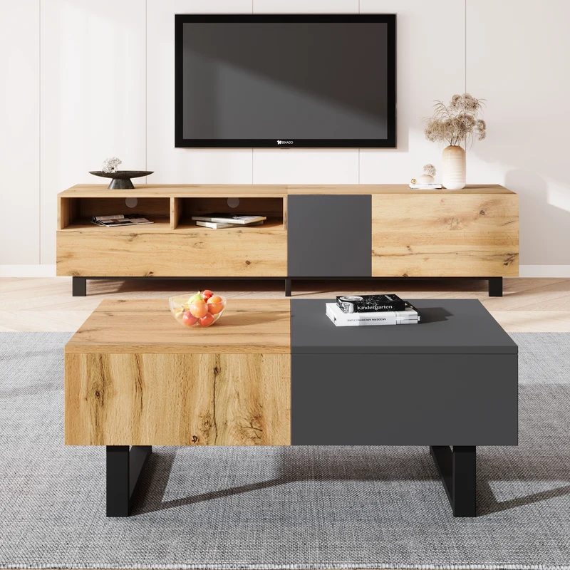 Table basse multifonction moderne coulissante avec rangement caché, effet bois et gris SOLSTICEWHIFF