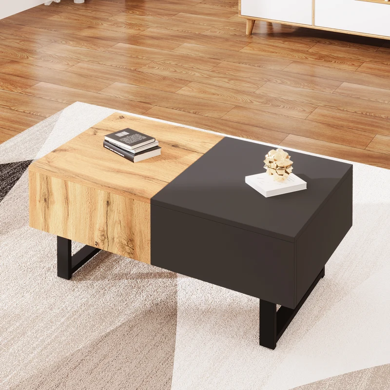 Table basse multifonction moderne coulissante avec rangement caché, effet bois et gris SOLSTICEWHIFF
