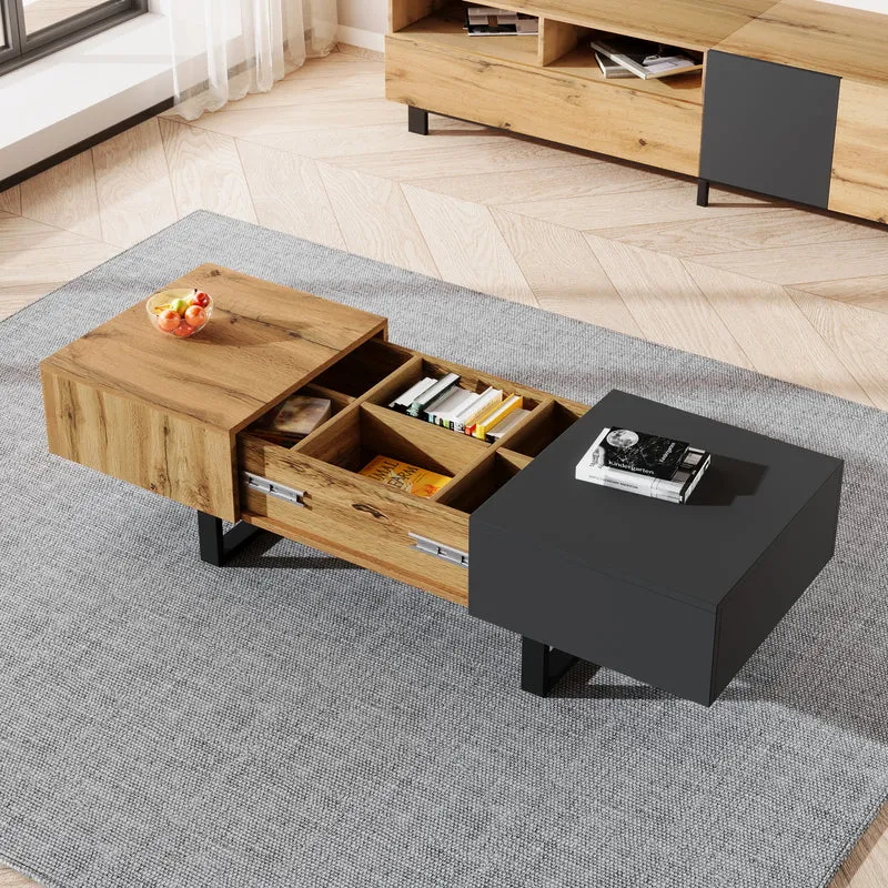 Table basse multifonction moderne coulissante avec rangement caché, effet bois et gris SOLSTICEWHIFF