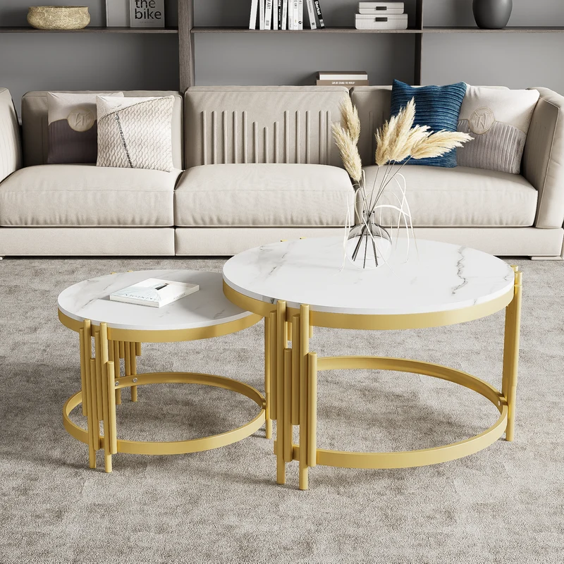 Table basse gigogne ronde MDF effet marbre blanc et pieds dorés ANTARESFLARE