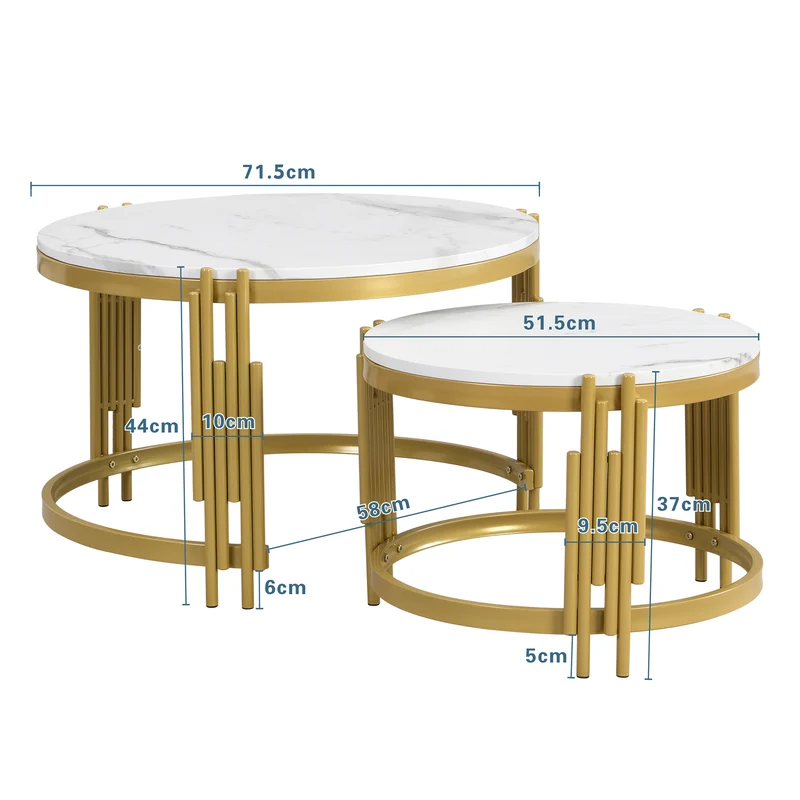 Table basse gigogne ronde MDF effet marbre blanc et pieds dorés ANTARESFLARE