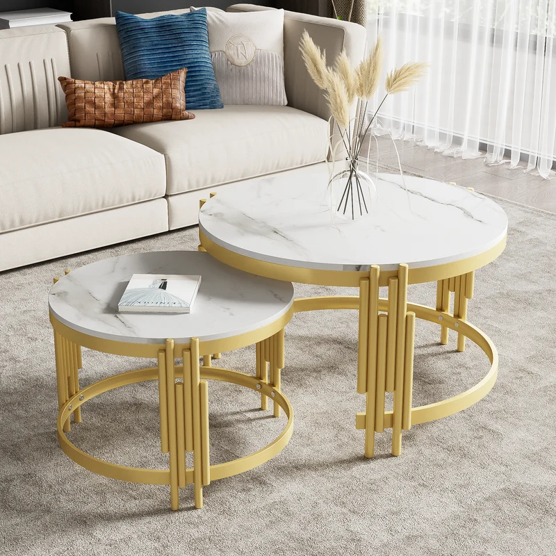 Table basse gigogne ronde MDF effet marbre blanc et pieds dorés ANTARESFLARE