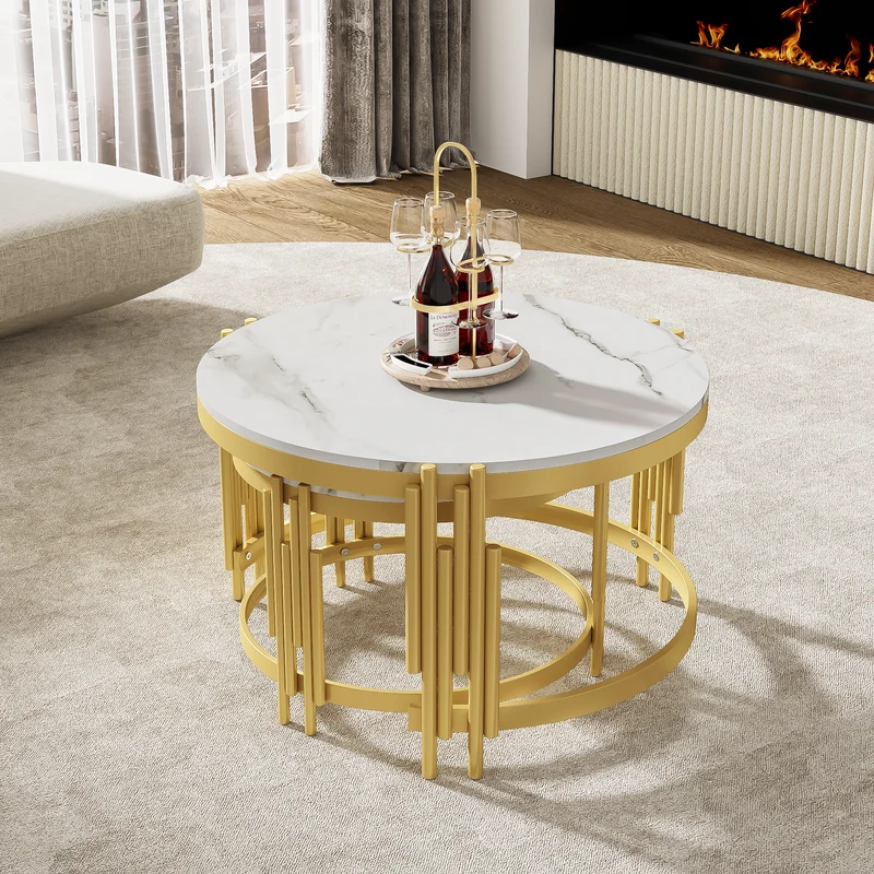 Table basse gigogne ronde MDF effet marbre blanc et pieds dorés ANTARESFLARE