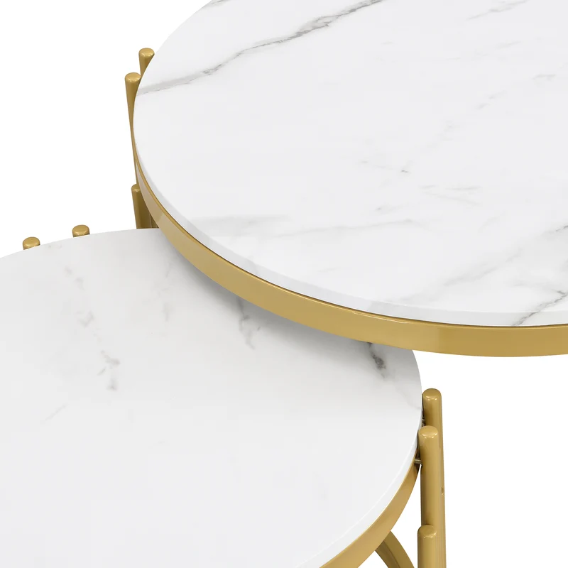 Table basse gigogne ronde MDF effet marbre blanc et pieds dorés ANTARESFLARE