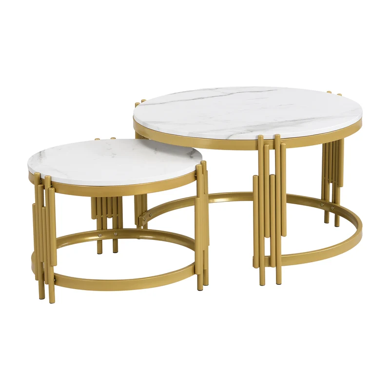 Table basse gigogne ronde MDF effet marbre blanc et pieds dorés ANTARESFLARE