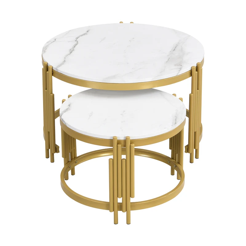 Table basse gigogne ronde MDF effet marbre blanc et pieds dorés ANTARESFLARE