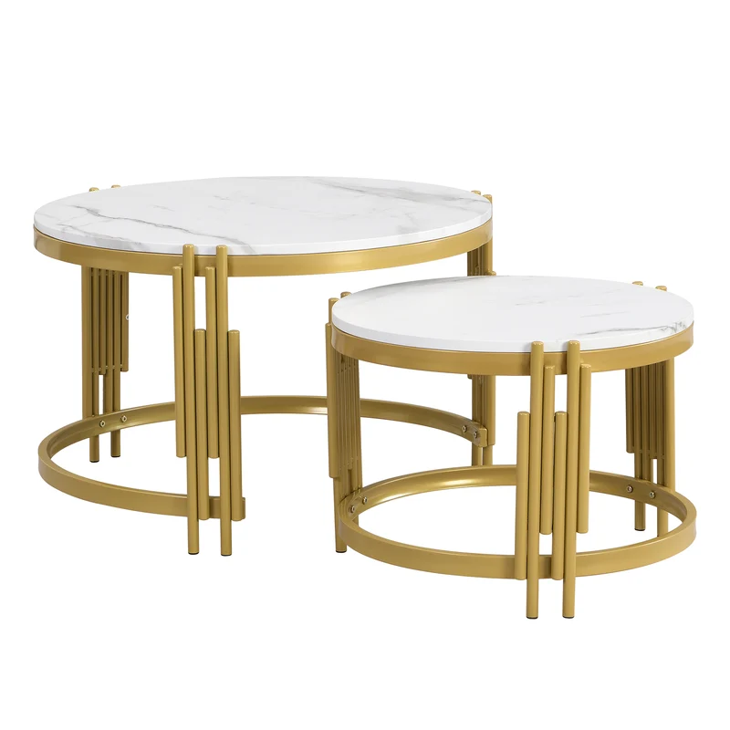 Table basse gigogne ronde MDF effet marbre blanc et pieds dorés ANTARESFLARE