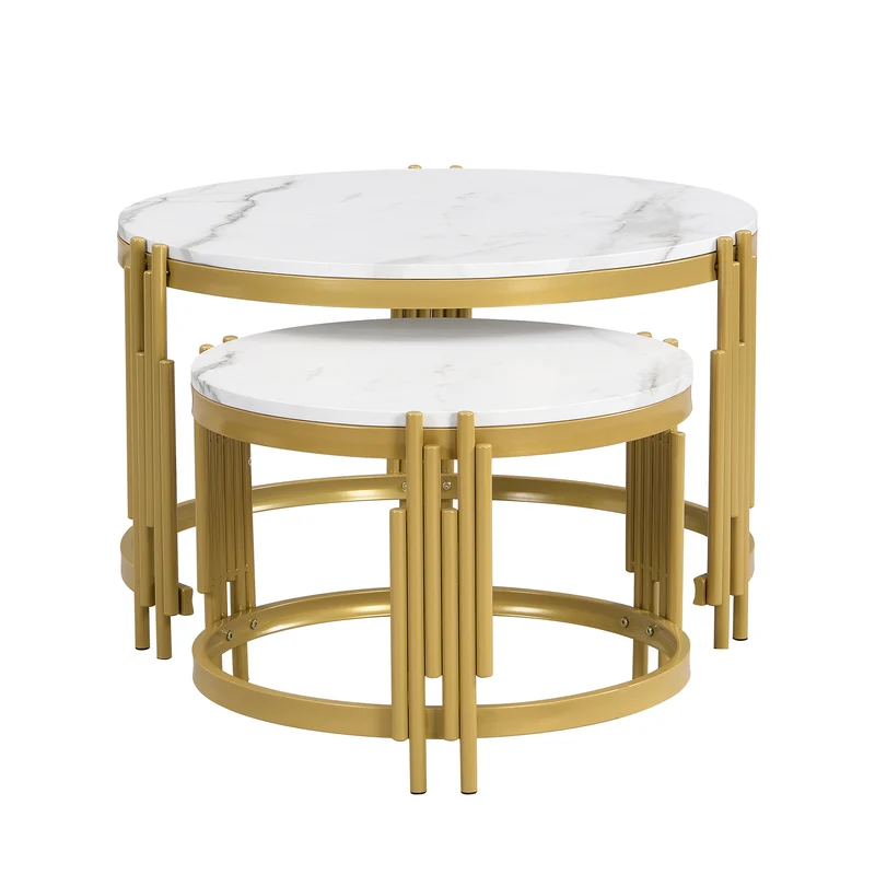 Table basse gigogne ronde MDF effet marbre blanc et pieds dorés ANTARESFLARE