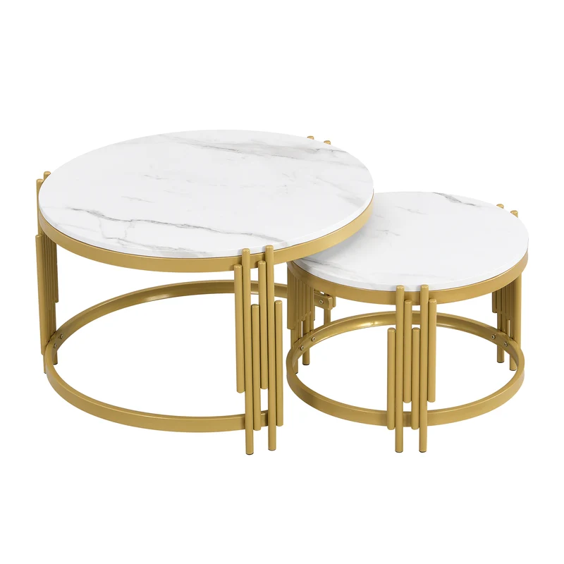 Table basse gigogne ronde MDF effet marbre blanc et pieds dorés ANTARESFLARE