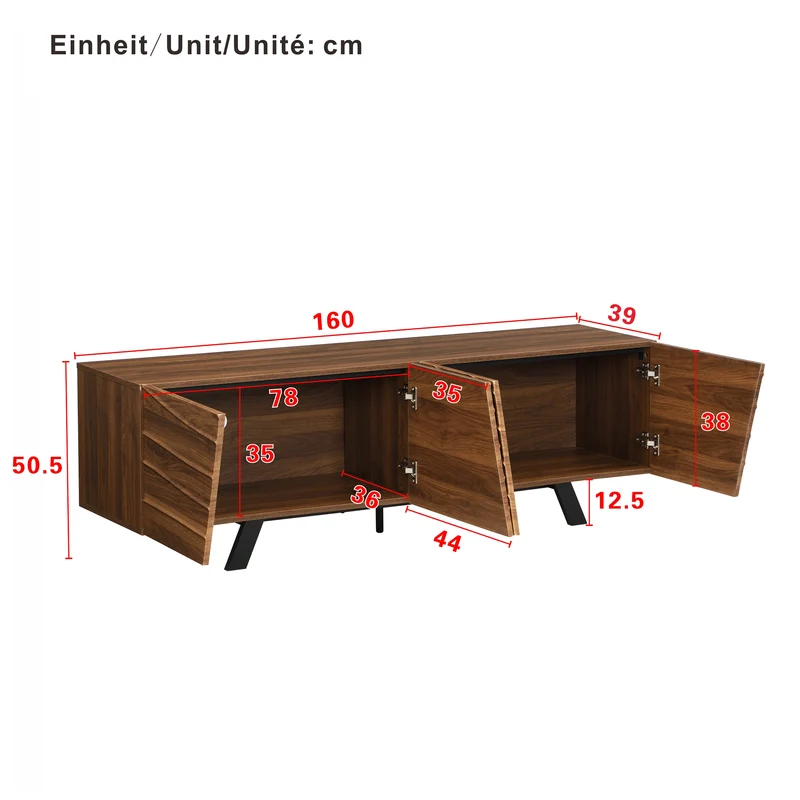 Meuble TV moderne bois noyer, pieds en fer noir 160×39×50,5 cm WHISKFERNSTEM