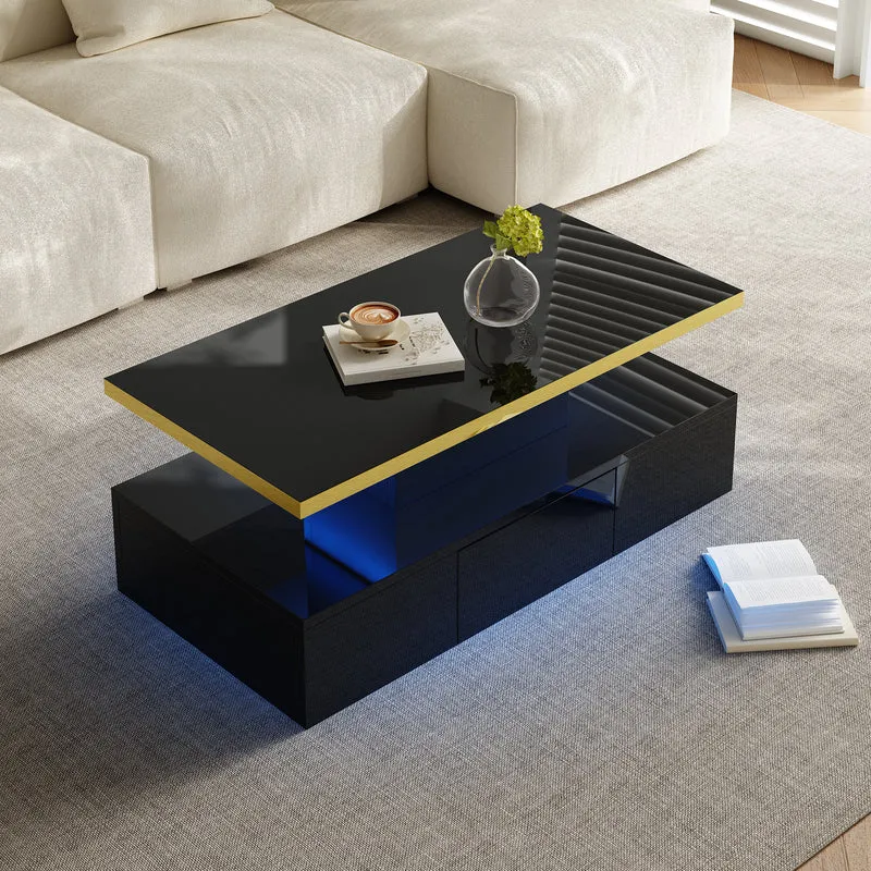 Table basse laquée noire moderne avec éclairage LED et bordure dorée 100x50x38,5cm STARDUST