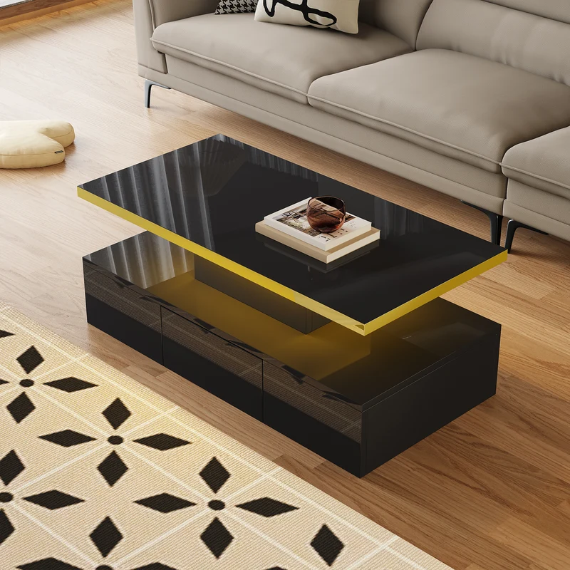 Table basse laquée noire moderne avec éclairage LED et bordure dorée 100x50x38,5cm STARDUST