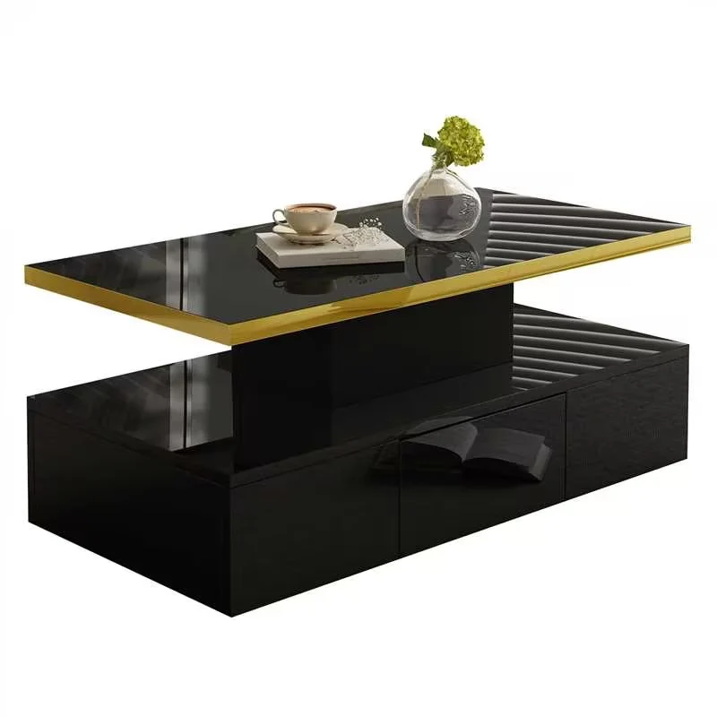 Table basse laquée noire moderne avec éclairage LED et bordure dorée 100x50x38,5cm STARDUST