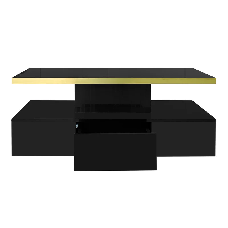 Table basse laquée noire moderne avec éclairage LED et bordure dorée 100x50x38,5cm STARDUST