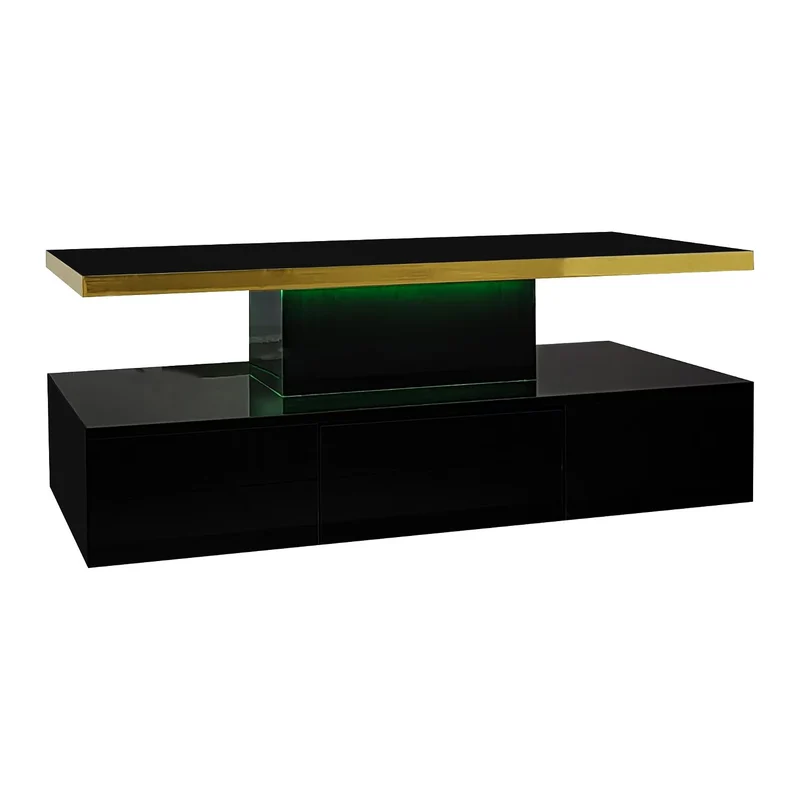 Table basse laquée noire moderne avec éclairage LED et bordure dorée 100x50x38,5cm STARDUST
