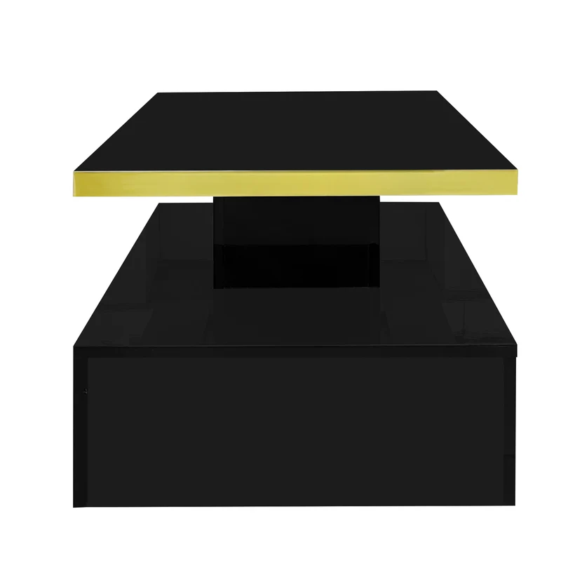 Table basse laquée noire moderne avec éclairage LED et bordure dorée 100x50x38,5cm STARDUST