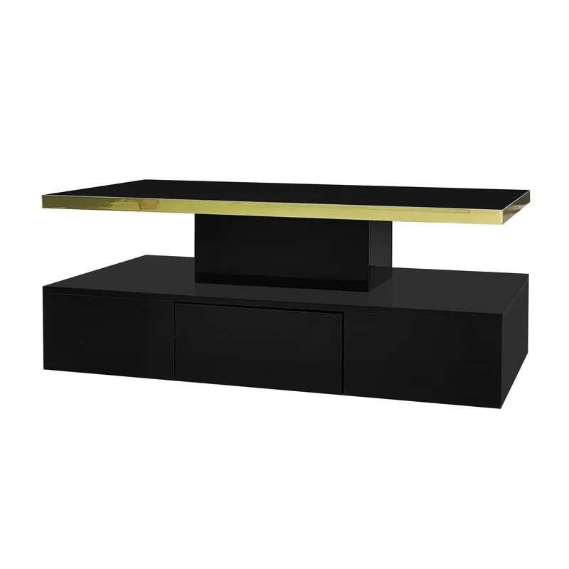 Table basse laquée noire moderne avec éclairage LED et bordure dorée 100x50x38,5cm STARDUST