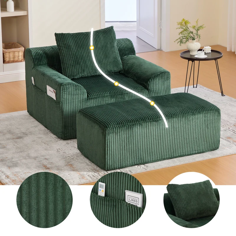 Canapé simple fauteuil XXL en velours côtelé vert, dossier profond, repose pied, coussin & poches latérales, sans montage MILKWEEDFLOSS