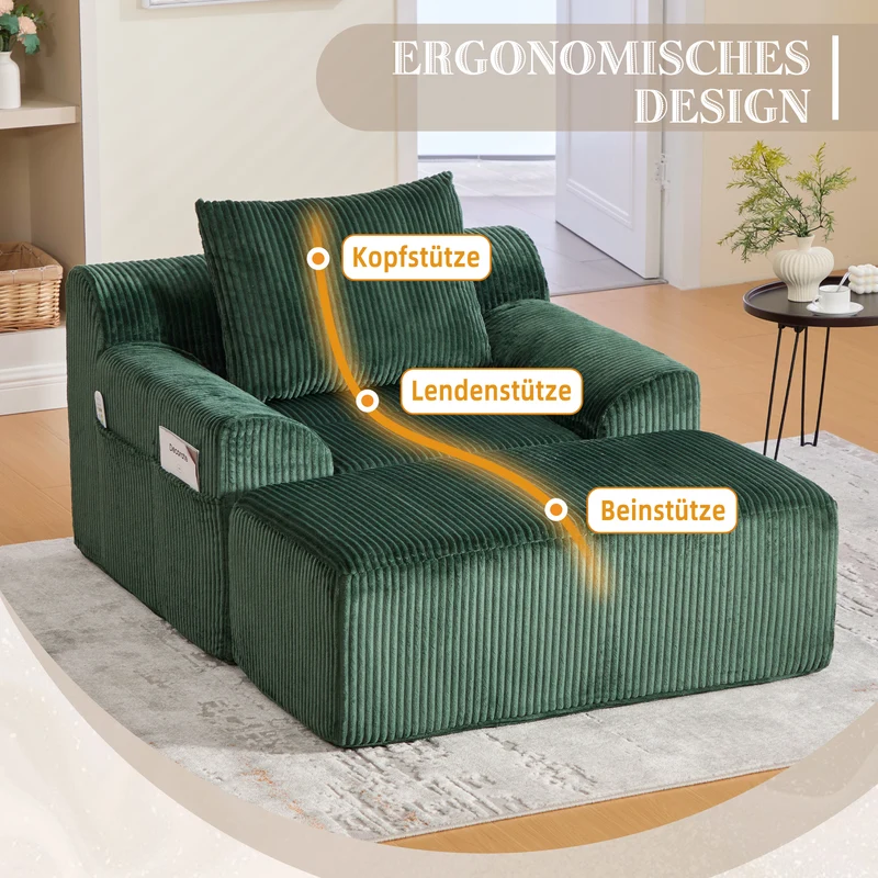 Canapé simple fauteuil XXL en velours côtelé vert, dossier profond, repose pied, coussin & poches latérales, sans montage MILKWEEDFLOSS