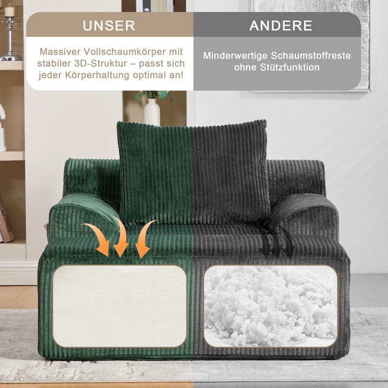 Canapé simple fauteuil XXL en velours côtelé vert, dossier profond, repose pied, coussin & poches latérales, sans montage MILKWEEDFLOSS