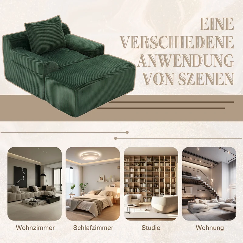 Canapé simple fauteuil XXL en velours côtelé vert, dossier profond, repose pied, coussin & poches latérales, sans montage MILKWEEDFLOSS