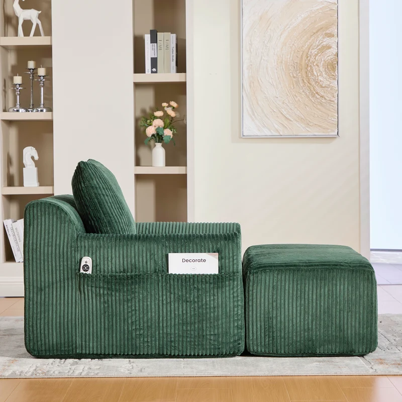 Canapé simple fauteuil XXL en velours côtelé vert, dossier profond, repose pied, coussin & poches latérales, sans montage MILKWEEDFLOSS