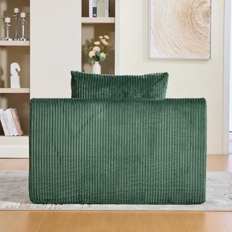 Canapé simple fauteuil XXL en velours côtelé vert, dossier profond, repose pied, coussin & poches latérales, sans montage MILKWEEDFLOSS