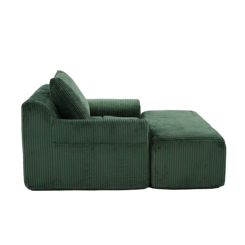 Canapé simple fauteuil XXL en velours côtelé vert, dossier profond, repose pied, coussin & poches latérales, sans montage MILKWEEDFLOSS