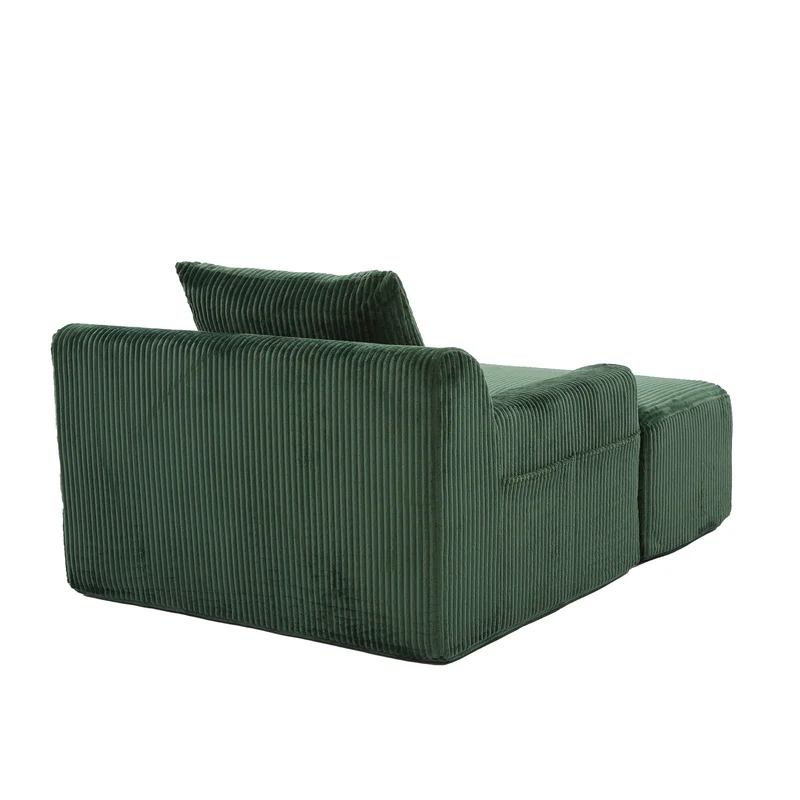 Canapé simple fauteuil XXL en velours côtelé vert, dossier profond, repose pied, coussin & poches latérales, sans montage MILKWEEDFLOSS