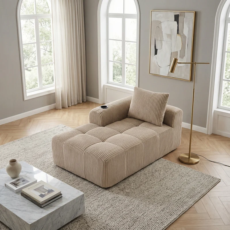 Méridienne droite en velours côtelé beige modulable avec porte-gobelet et poche latérale LAGOONOVAL