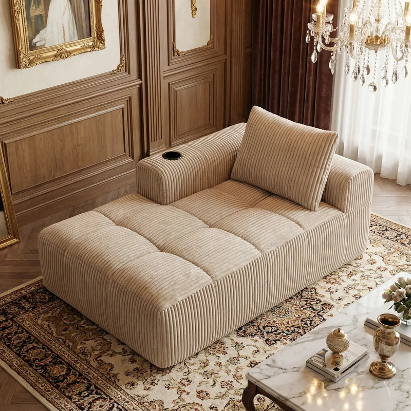 Méridienne droite en velours côtelé beige modulable avec porte-gobelet et poche latérale LAGOONOVAL