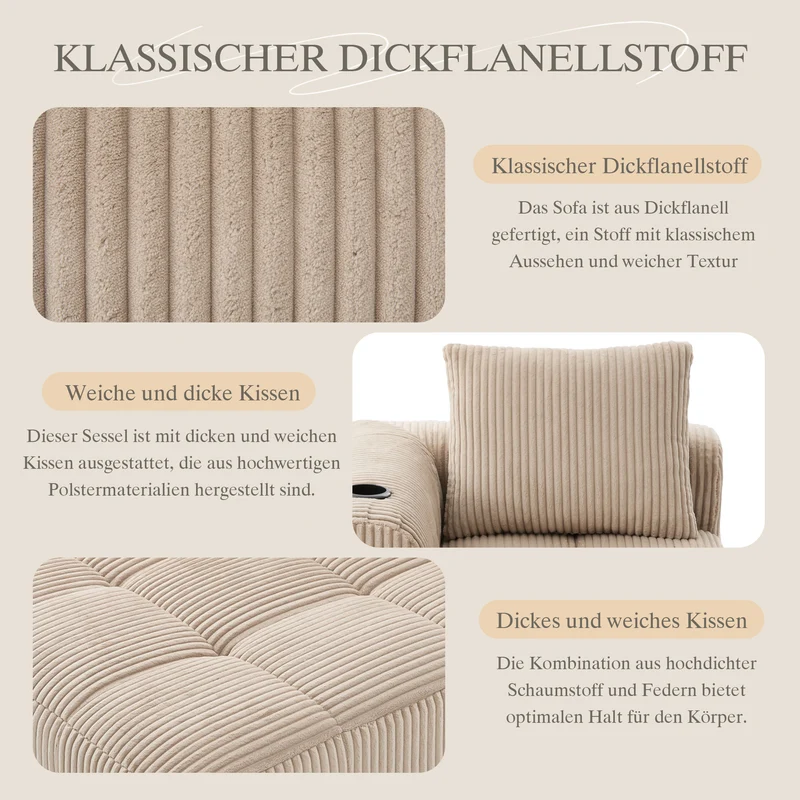 Méridienne droite en velours côtelé beige modulable avec porte-gobelet et poche latérale LAGOONOVAL