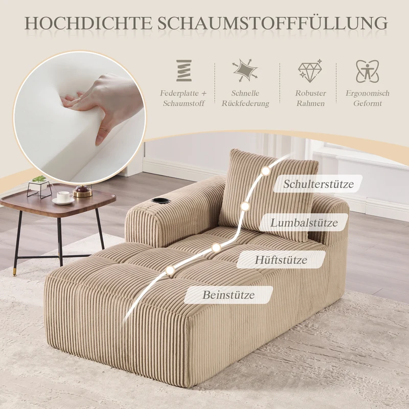 Méridienne droite en velours côtelé beige modulable avec porte-gobelet et poche latérale LAGOONOVAL