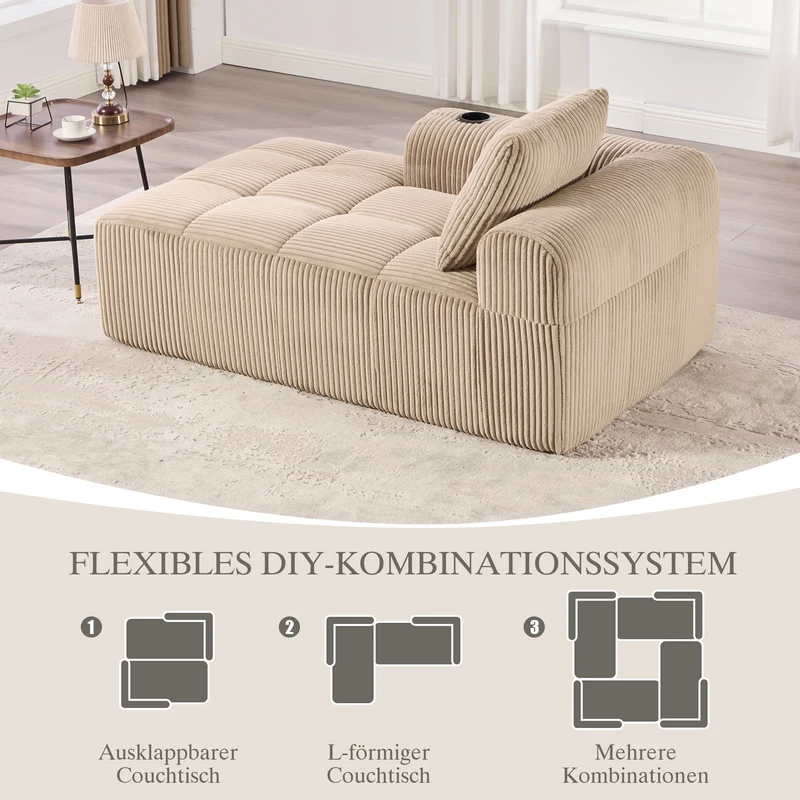 Méridienne droite en velours côtelé beige modulable avec porte-gobelet et poche latérale LAGOONOVAL