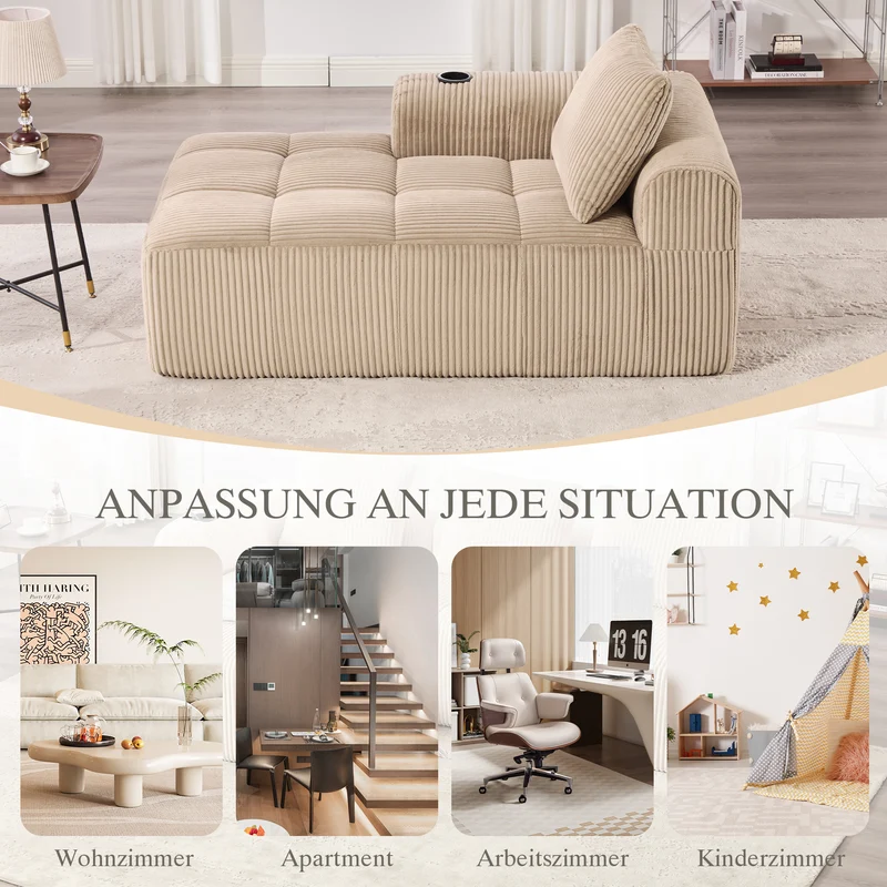 Méridienne droite en velours côtelé beige modulable avec porte-gobelet et poche latérale LAGOONOVAL